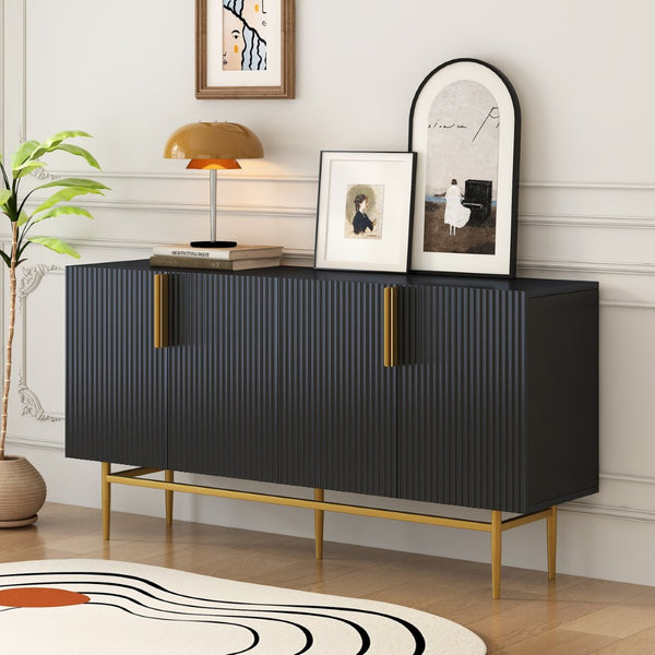 English Elm Trexm Four Door Buffet Cabinet with Gold Legs and Wavy Relief Panels for Dining Room WF304382AAB