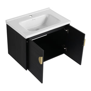 English Elm 40 Inch Wall-Mounted Vanity with Ceramic Sink, Soft-Close Double Doors, Metal Handles & Shelf Storage W999S00148