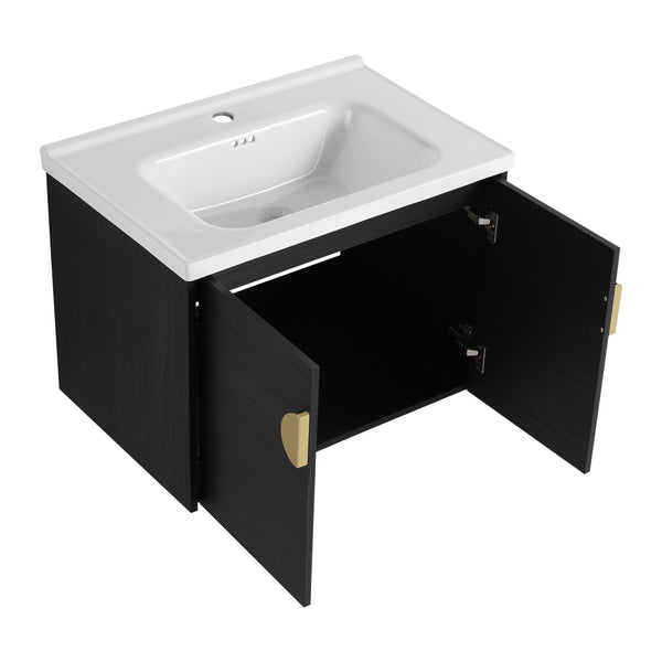 English Elm 40 Inch Wall-Mounted Vanity with Ceramic Sink, Soft-Close Double Doors, Metal Handles & Shelf Storage W999S00148