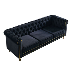 English Elm Chesterfield Velvet Sofa 84.65" Rolled Arm Deep Tufting Gold Trim & Feet Luxurious Black Comfort W57991500