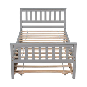 English Elm Twin Bed with Trundle Platform Frame Headboard & Footboard for Small Spaces, Solid Pine Design, No Box Spring Needed Grey W50422210