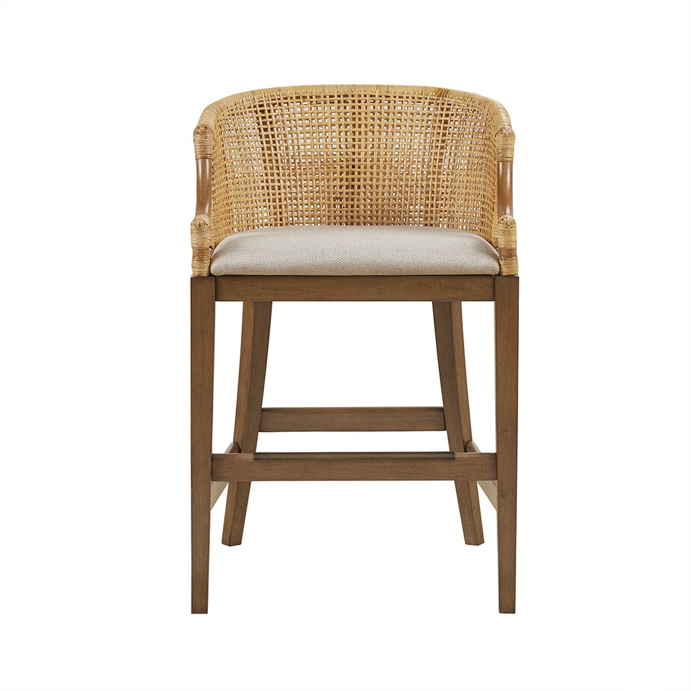 English Elm Handcrafted Playa Counter Stool 25" H — Natural Rattan Back, Linen Cushion, Elm Legs with Bronze Kickplate B035118576