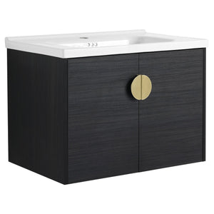 English Elm 28 Inch Wall-Mounted Bathroom Vanity with Ceramic Sink, Soft-Close Doors, Metal Handles, Water-Resistant Plywood Storage (KD) W999111976