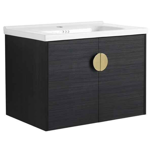 English Elm 40 Inch Wall-Mounted Vanity with Ceramic Sink, Soft-Close Double Doors, Metal Handles & Shelf Storage W999S00148