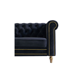 English Elm Chesterfield Velvet Sofa 84.65" Rolled Arm Deep Tufting Gold Trim & Feet Luxurious Black Comfort W57991500