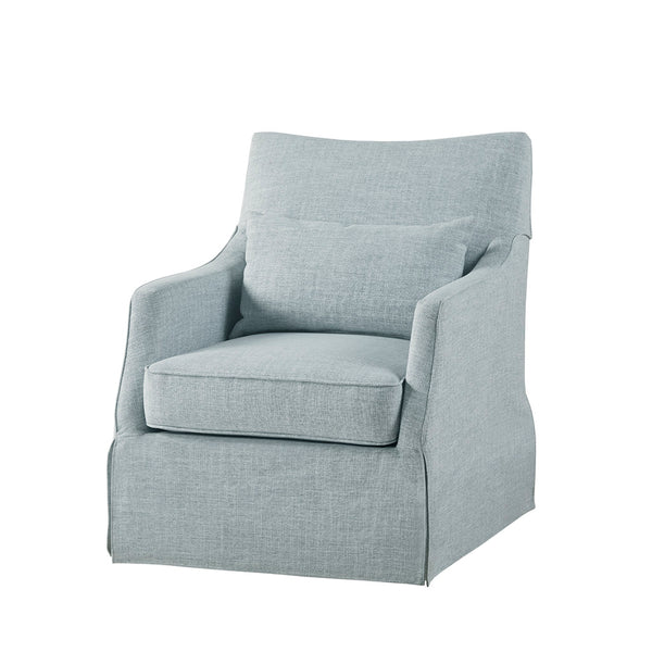 English Elm Skirted London Swivel Chair by Martha Stewart in Light Blue Upholstery - 360° Rotating Accent Seat, Plush Cushioning B035118612