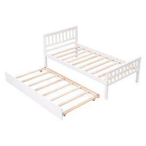 English Elm Twin Bed with Trundle Platform Frame Headboard & Footboard for Small Spaces, Solid Pine Design, No Box Spring Needed White W50422211