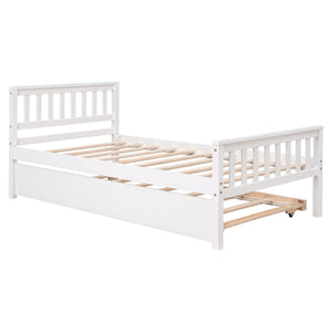 English Elm Twin Bed with Trundle Platform Frame Headboard & Footboard for Small Spaces, Solid Pine Design, No Box Spring Needed White W50422211