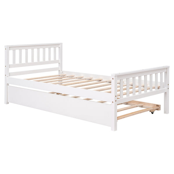 English Elm Twin Bed with Trundle Platform Frame Headboard & Footboard for Small Spaces, Solid Pine Design, No Box Spring Needed White W50422211