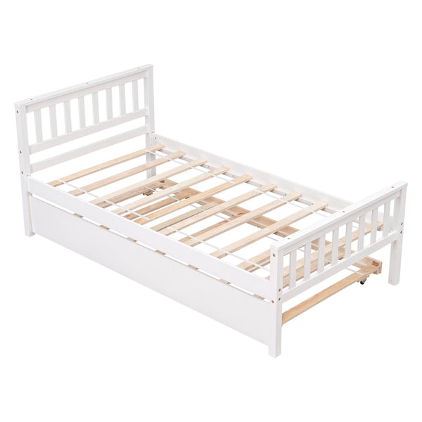 English Elm Twin Bed with Trundle Platform Frame Headboard & Footboard for Small Spaces, Solid Pine Design, No Box Spring Needed White W50422211