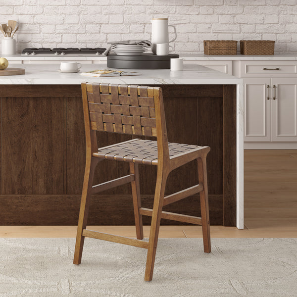 English Elm Faux Leather Woven Counter Stool Oslo — Mid-Century Pecan Wood Frame, Durable PU Blend Seat, 24"H Comfortable B035118570