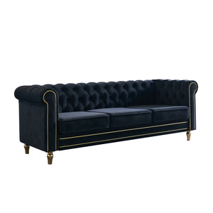 English Elm Chesterfield Velvet Sofa 84.65" Rolled Arm Deep Tufting Gold Trim & Feet Luxurious Black Comfort W57991500