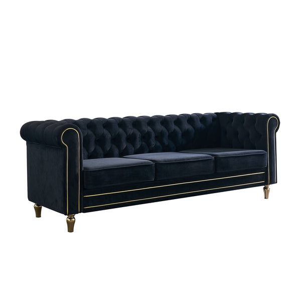 English Elm Chesterfield Velvet Sofa 84.65" Rolled Arm Deep Tufting Gold Trim & Feet Luxurious Black Comfort W57991500