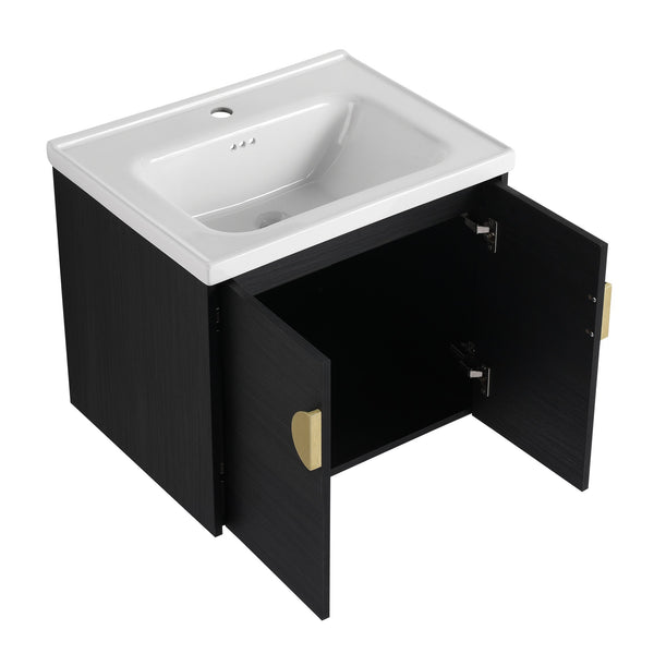 English Elm 24 Inch Wall Mounted Bathroom Vanity With Ceramic Sink, Soft-Close Two-Door Cabinet, Water-Resistant Finish, Metal Handles, Space-Saving Design (KD) W999111975