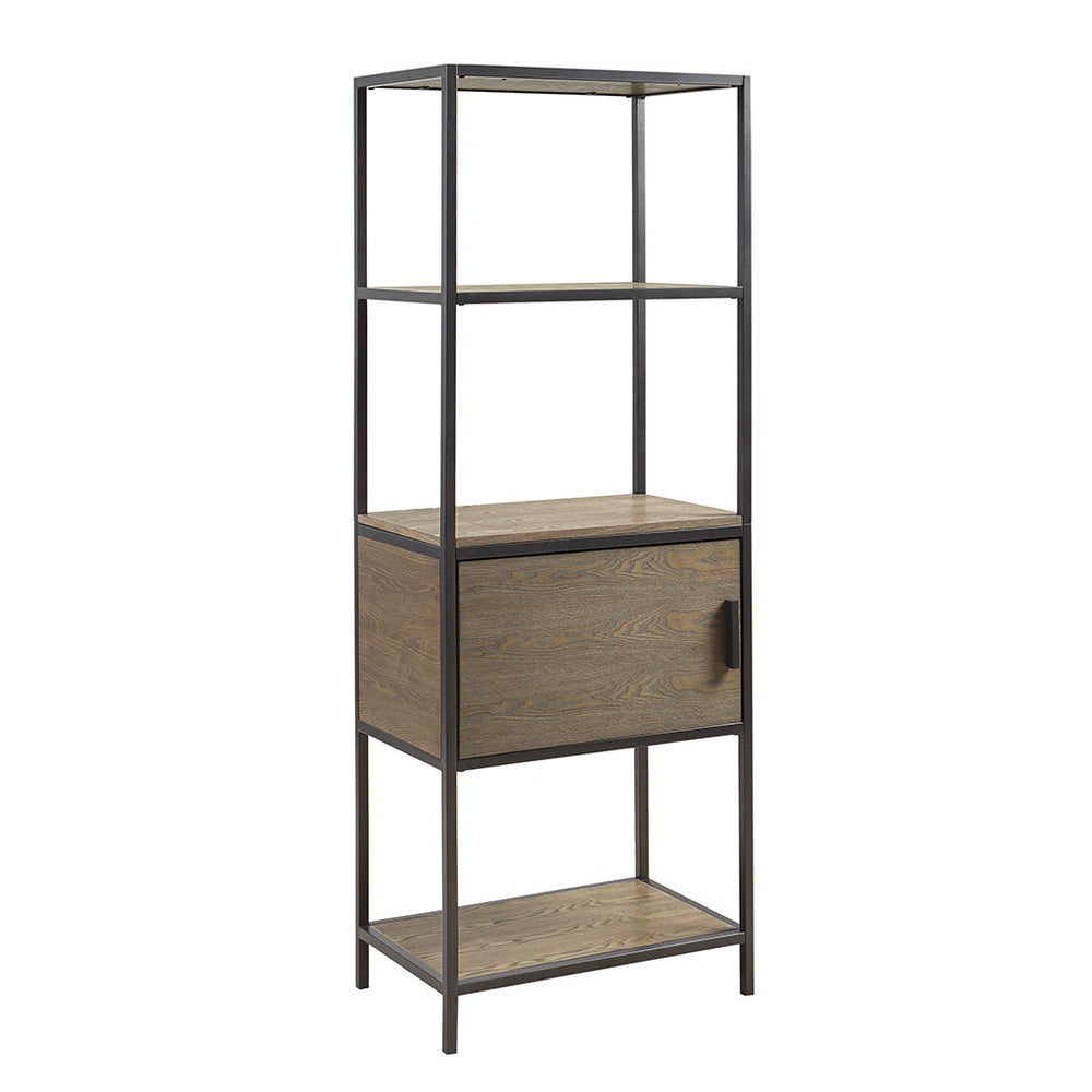 English Elm 3-Shelf Bookcase with Storage Cabinet - Reclaimed Gray Wood Veneer, Metal Frame, Compact 64"H Organizer B035118581