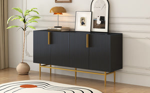 English Elm Trexm Four Door Buffet Cabinet with Gold Legs and Wavy Relief Panels for Dining Room WF304382AAB