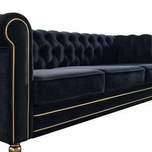 English Elm Chesterfield Velvet Sofa 84.65" Rolled Arm Deep Tufting Gold Trim & Feet Luxurious Black Comfort W57991500