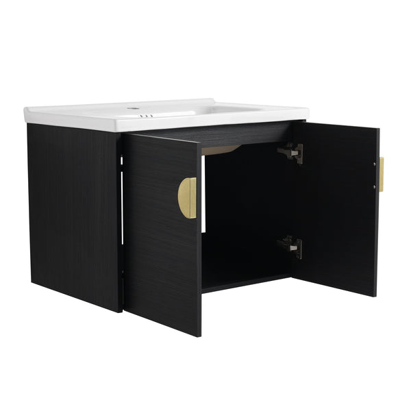 English Elm 28 Inch Wall-Mounted Bathroom Vanity with Ceramic Sink, Soft-Close Doors, Metal Handles, Water-Resistant Plywood Storage (KD) W999111976