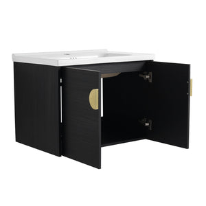 English Elm 40 Inch Wall-Mounted Vanity with Ceramic Sink, Soft-Close Double Doors, Metal Handles & Shelf Storage W999S00148