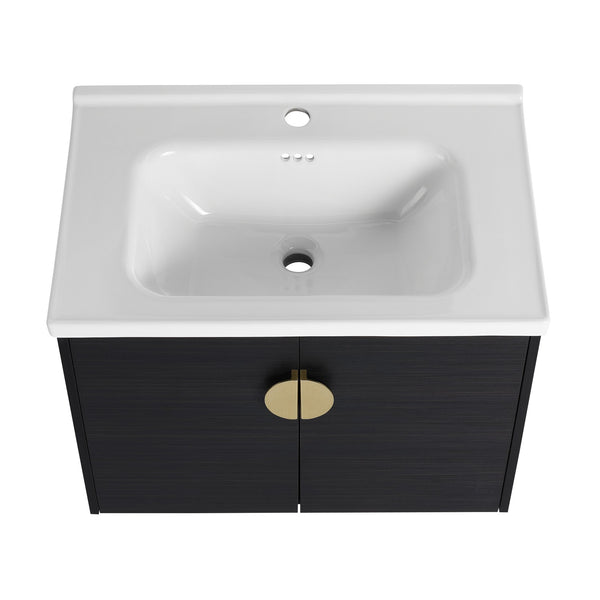 English Elm 28 Inch Wall-Mounted Bathroom Vanity with Ceramic Sink, Soft-Close Doors, Metal Handles, Water-Resistant Plywood Storage (KD) W999111976