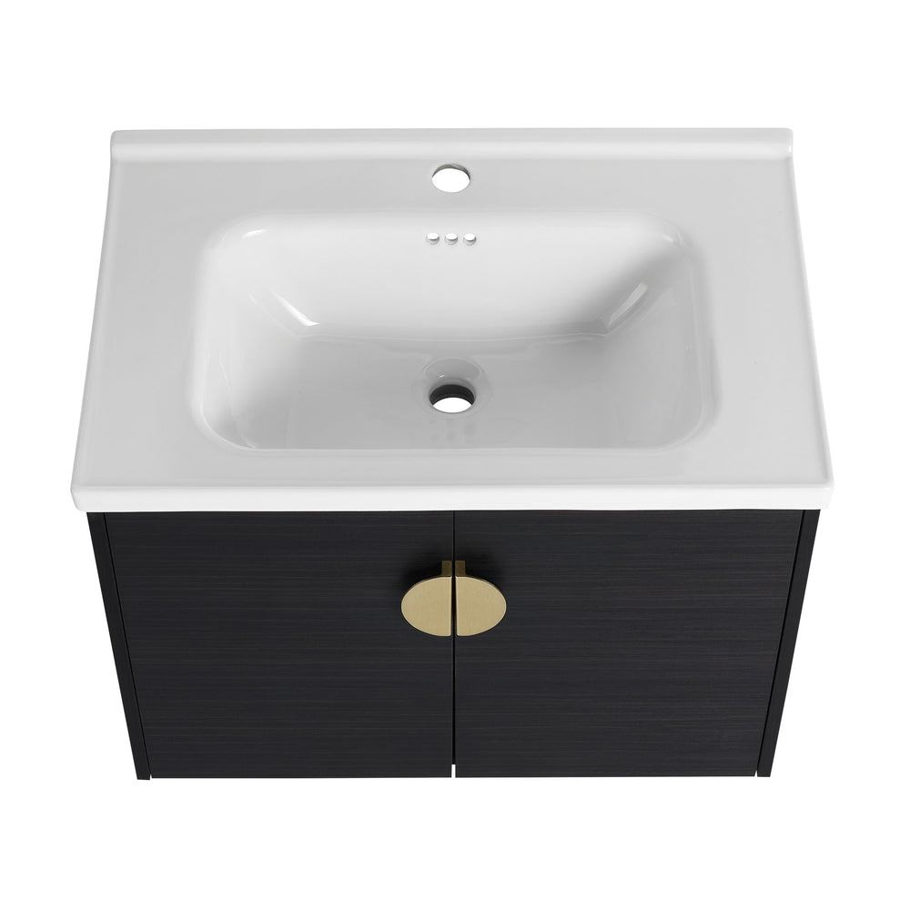 English Elm 40 Inch Wall-Mounted Vanity with Ceramic Sink, Soft-Close Double Doors, Metal Handles & Shelf Storage W999S00148