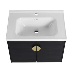 English Elm 40 Inch Wall-Mounted Vanity with Ceramic Sink, Soft-Close Double Doors, Metal Handles & Shelf Storage W999S00148