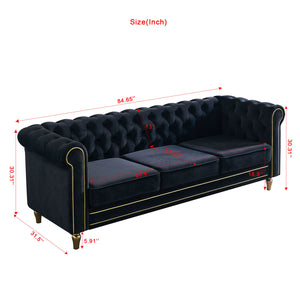 English Elm Chesterfield Velvet Sofa 84.65" Rolled Arm Deep Tufting Gold Trim & Feet Luxurious Black Comfort W57991500