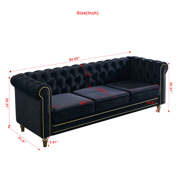English Elm Chesterfield Velvet Sofa 84.65" Rolled Arm Deep Tufting Gold Trim & Feet Luxurious Black Comfort W57991500