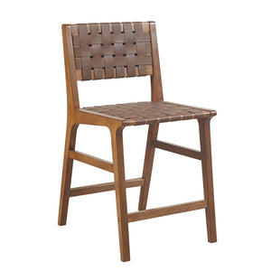 English Elm Faux Leather Woven Counter Stool Oslo — Mid-Century Pecan Wood Frame, Durable PU Blend Seat, 24"H Comfortable B035118570