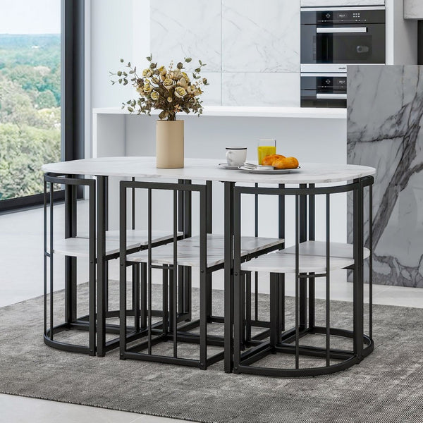 English Elm Topmax Seven Piece Faux Marble Dining Set Iron Frame Seats Six Compact Modern Kitchen N717S000017B