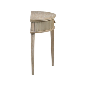 English Elm Storage Console Table Demilune 31" Vintage Reclaimed Greige Console with Fluted Doors & Bronze Knobs B035118619