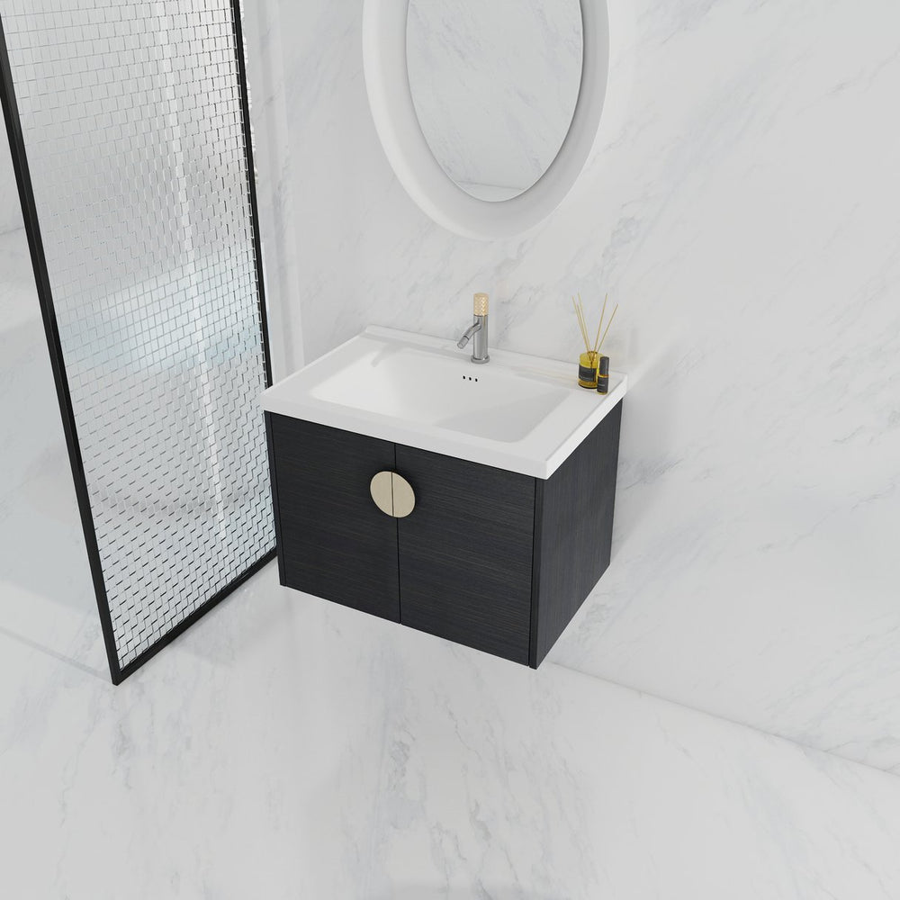 English Elm 28 Inch Wall-Mounted Bathroom Vanity with Ceramic Sink, Soft-Close Doors, Metal Handles, Water-Resistant Plywood Storage (KD) W999111976