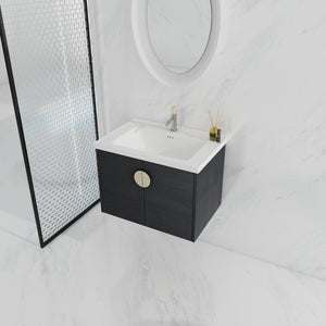 English Elm 28 Inch Wall-Mounted Bathroom Vanity with Ceramic Sink, Soft-Close Doors, Metal Handles, Water-Resistant Plywood Storage (KD) W999111976