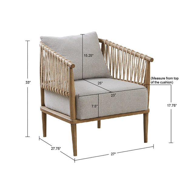 English Elm Accent Arm Chair Madison Park Odessa Coastal Jute Weave Lounge Chair with Removable Pillow, Honey Walnut Frame, Plush Seat Cushion B035118539