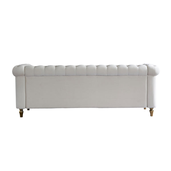 English Elm Chesterfield Velvet Rolled Arm Sofa 84.65" Beige with Gold Trim, Deep Tufting & High-Density Comfort W57991499