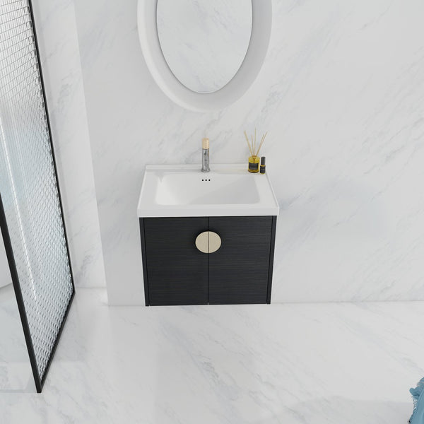 English Elm 24 Inch Wall Mounted Bathroom Vanity With Ceramic Sink, Soft-Close Two-Door Cabinet, Water-Resistant Finish, Metal Handles, Space-Saving Design (KD) W999111975