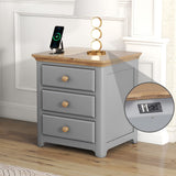 Wooden Nightstand with Usb Charging Ports and Three Drawers, End Table For Bedroom, Gray+Natrual