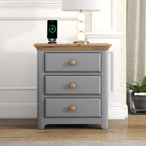 English Elm Wooden Nightstand With Usb Charging Ports and Three Drawers,End Table For Bedroom,Gray+Natrual