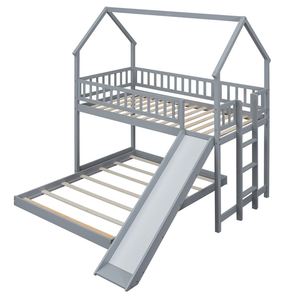 English Elm Twin Pine Twin-over-Full Bunk Bed with Slide and Built-In Ladder, Full-Length Guardrails, Sturdy Dorm Style Gray GX000430AAE