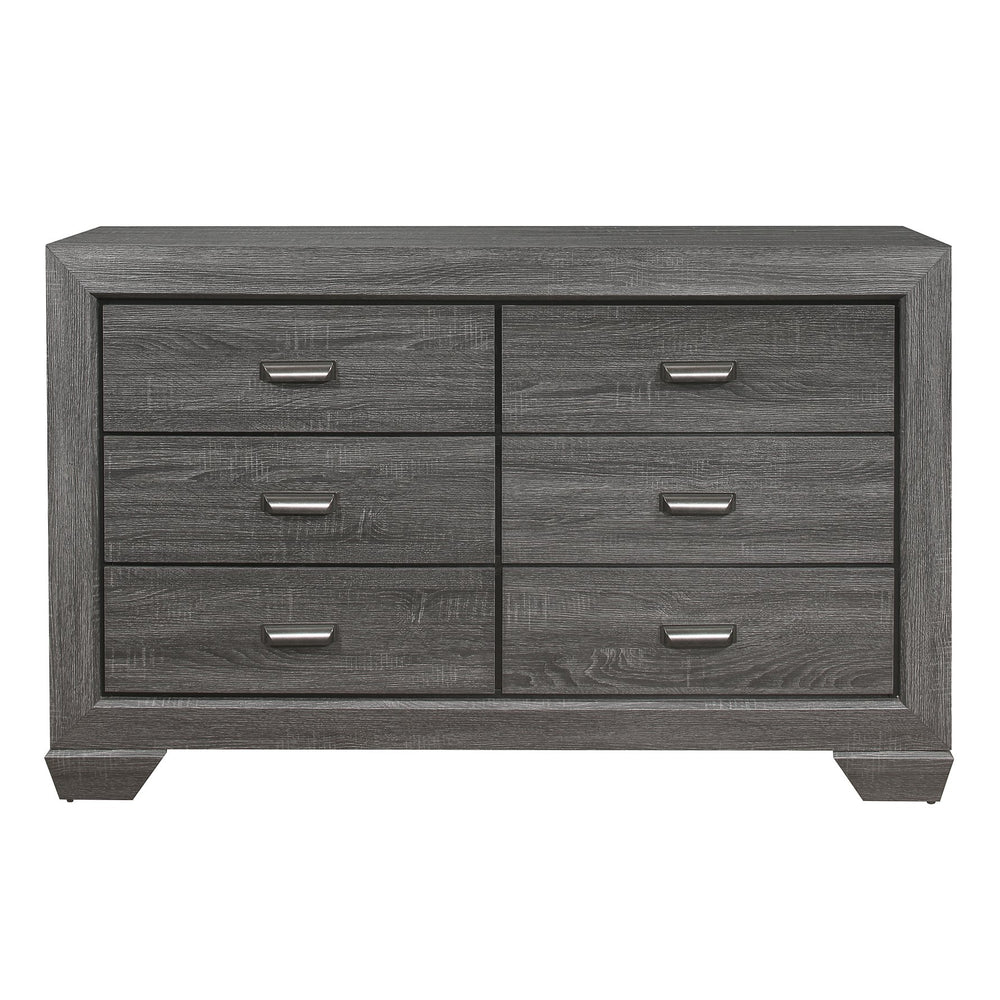 English Elm Wooden Beechnut 6-Drawer Dresser in Gray Finish with Rustic Embossed Veneer and Cup Hardware, 59" B011118703