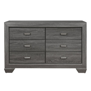 English Elm Wooden Beechnut 6-Drawer Dresser in Gray Finish with Rustic Embossed Veneer and Cup Hardware, 59" B011118703