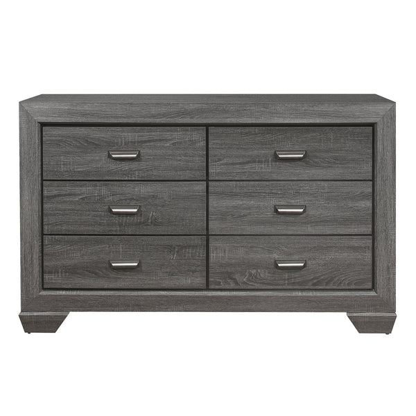 English Elm Wooden Beechnut 6-Drawer Dresser in Gray Finish with Rustic Embossed Veneer and Cup Hardware, 59" B011118703