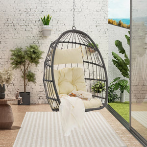English Elm Outdoor Pe Rattan Egg Hanging Chair with Cushion Galvanized Steel Patio Swing W874107308