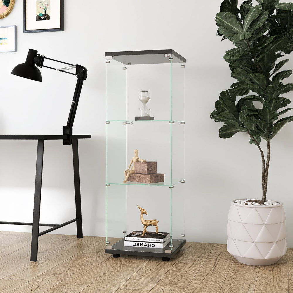 English Elm Glass Display Cabinet with One Door and 3 Tempered Glass Shelves for Living Room Bedroom Office Elegance Black W1806118654