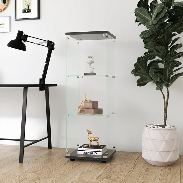English Elm Glass Display Cabinet with One Door and 3 Tempered Glass Shelves for Living Room Bedroom Office Elegance Black W1806118654