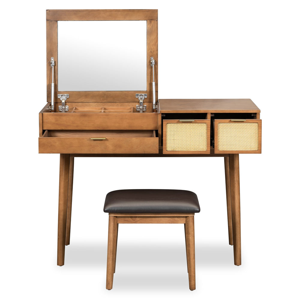 English Elm 43.3" Classic Wood Makeup Vanity with Flip Mirror & Padded Stool, 3 Drawers, Spacious Storage, Brown N704P165645