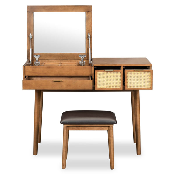 English Elm 43.3" Classic Wood Makeup Vanity with Flip Mirror & Padded Stool, 3 Drawers, Spacious Storage, Brown N704P165645