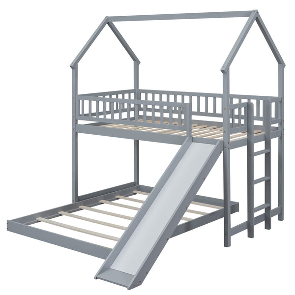 English Elm Twin Pine Twin-over-Full Bunk Bed with Slide and Built-In Ladder, Full-Length Guardrails, Sturdy Dorm Style Gray GX000430AAE
