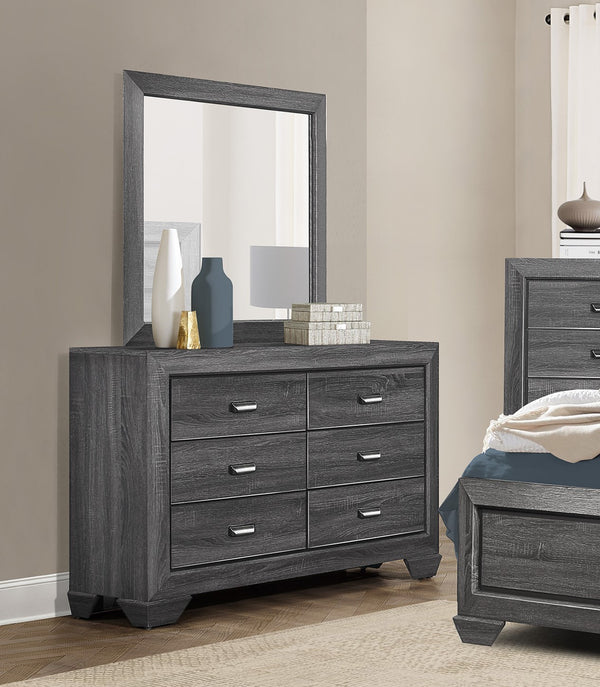 English Elm Wooden Beechnut 6-Drawer Dresser in Gray Finish with Rustic Embossed Veneer and Cup Hardware, 59" B011118703