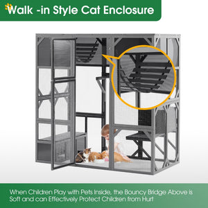 English Elm Outdoor Walk-in Wood Catio Enclosure with Uv Roof Platforms and Bouncy Bridge W1850S00002